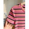 imageWomens Striped Colorblock T Shirt Short Sleeve Crew Neck Ribbed Knit Crop TopsHot Pink