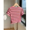 imageWomens Striped Colorblock T Shirt Short Sleeve Crew Neck Ribbed Knit Crop TopsHot Pink