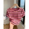 imageWomens Striped Colorblock T Shirt Short Sleeve Crew Neck Ribbed Knit Crop TopsHot Pink