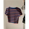 imageWomens Striped Colorblock T Shirt Short Sleeve Crew Neck Ribbed Knit Crop TopsMulticolor