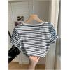 imageWomens Striped Colorblock T Shirt Short Sleeve Crew Neck Ribbed Knit Crop TopsWhite Blue