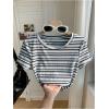 imageWomens Striped Colorblock T Shirt Short Sleeve Crew Neck Ribbed Knit Crop TopsWhite Blue
