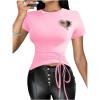 imageWomens Heart Cut Out Drawstring T Shirts Casual Short Sleeve Crewneck Slim Fit TopsLight Pink