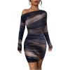 imageWomens Off Shoulder Ombre Tie Dye Bodycon Dress Long Sleeve Slim Fit Pencil Mini DressesBrown