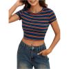 imageWomens Striped Colorblock T Shirt Short Sleeve Crew Neck Ribbed Knit Crop TopsMulticolor