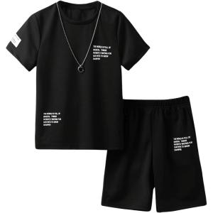 imageBoys 2 Piece Outfits Letter and Tropical Graphic Print Short Sleeve Crewneck Tee and ShortsBlack