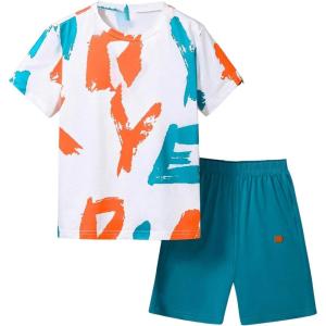 imageBoys 2 Piece Outfits Letter and Tropical Graphic Print Short Sleeve Crewneck Tee and ShortsMulticolor