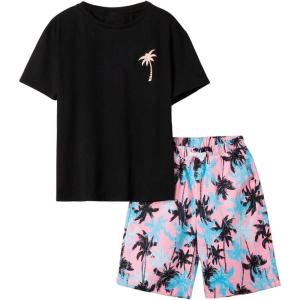 imageBoys 2 Piece Outfits Letter and Tropical Graphic Print Short Sleeve Crewneck Tee and ShortsPink Black
