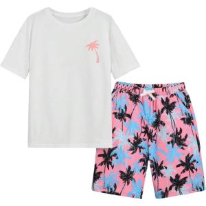imageBoys 2 Piece Outfits Letter and Tropical Graphic Print Short Sleeve Crewneck Tee and ShortsWhite