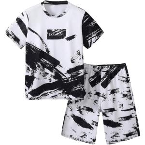 imageBoys 2 Piece Outfits Letter and Tropical Graphic Print Short Sleeve Crewneck Tee and ShortsWhite and Black