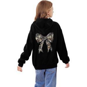 imageGirls Bow Camo Hoodie Long Sleeve Hooded Neck Graphic Sweatshirts Cute Pullover TopsBlack