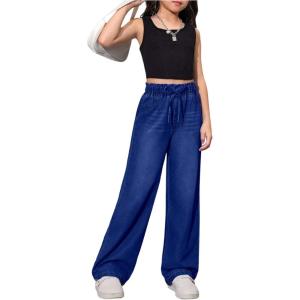 imageGirls Elastic High Waisted Jeans Straight Wide Leg Denim Pants Casual Baggy JeansDark Wash