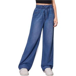 imageGirls Elastic High Waisted Jeans Straight Wide Leg Denim Pants Casual Baggy JeansMedium Wash