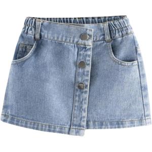 imageGirls High Waisted Button Front Denim Skirt Asymmetrical Mini Jean Skirts with PocketsMedium Wash
