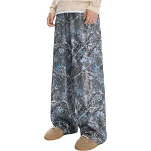 imageMens Camo Print Straight Leg Pants Elastic Waist Loose Casual Trousers StreetwearBlue