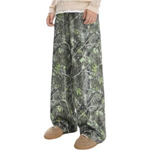 imageMens Camo Print Straight Leg Pants Elastic Waist Loose Casual Trousers StreetwearGreen