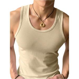 imageMens Sleeveless Tank Tops Ribbed Knit Scoop Neck Tank Undershirt Workout Gym Muscle Tank TShirtApricot