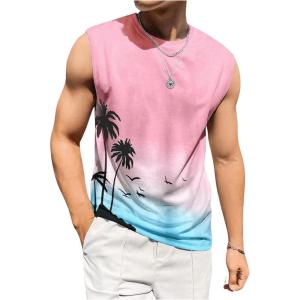 imageMens Tank Tops Summer Tropical Hawaiian Sleeveless Shirts Casual Beach Vacation Tank ShirtsPink