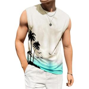 imageMens Tank Tops Summer Tropical Hawaiian Sleeveless Shirts Casual Beach Vacation Tank ShirtsWhite and Green