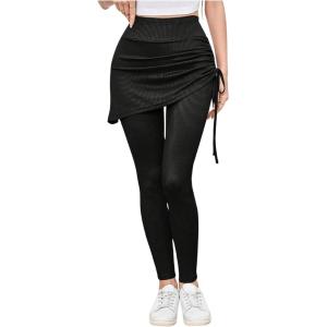 imageWomens 2 in 1 High Waisted Drawstring Side Ruched Skirted Leggings Slim Fit Workout Lounge BottomsBlack