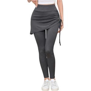 imageWomens 2 in 1 High Waisted Drawstring Side Ruched Skirted Leggings Slim Fit Workout Lounge BottomsGrey