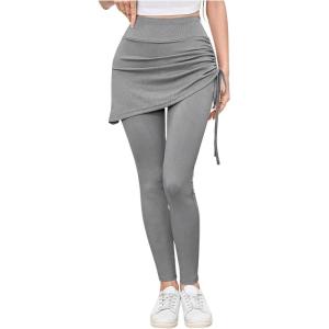 imageWomens 2 in 1 High Waisted Drawstring Side Ruched Skirted Leggings Slim Fit Workout Lounge BottomsLight Grey