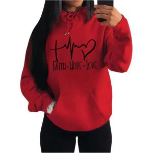 imageWomens Graphic Sweatshirts Long Sleeve Drawstring Hoodies Drop Shoulder Hooded Pullover SweatshirtRed