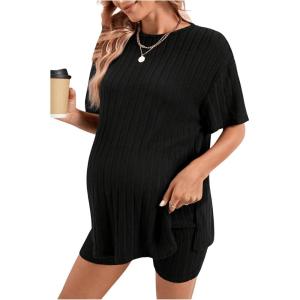 imageWomens Maternity Pajamas Set 2 Piece Outfits Rib Knit T Shirt and Biker Shorts Lounge Set SleepwearBlack