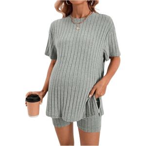 imageWomens Maternity Pajamas Set 2 Piece Outfits Rib Knit T Shirt and Biker Shorts Lounge Set SleepwearGreen