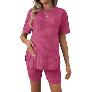 imageWomens Maternity Pajamas Set 2 Piece Outfits Rib Knit T Shirt and Biker Shorts Lounge Set SleepwearHot Pink