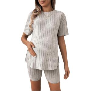 imageWomens Maternity Pajamas Set 2 Piece Outfits Rib Knit T Shirt and Biker Shorts Lounge Set SleepwearKhaki
