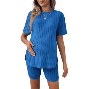 imageWomens Maternity Pajamas Set 2 Piece Outfits Rib Knit T Shirt and Biker Shorts Lounge Set SleepwearRoyal Blue