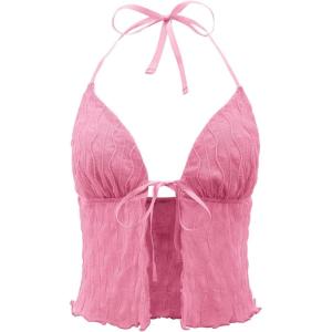 imageWomens Mesh Backless Halter Top Sleeveless Lettuce Trim Summer Crop Tops Y2K ShirtsPink