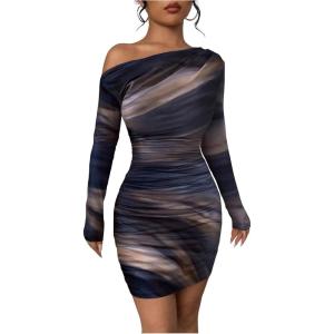 imageWomens Off Shoulder Ombre Tie Dye Bodycon Dress Long Sleeve Slim Fit Pencil Mini DressesBrown
