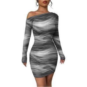 imageWomens Off Shoulder Ombre Tie Dye Bodycon Dress Long Sleeve Slim Fit Pencil Mini DressesGrey