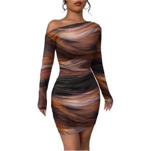 imageWomens Off Shoulder Ombre Tie Dye Bodycon Dress Long Sleeve Slim Fit Pencil Mini DressesRust Brown