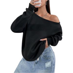 imageWomens Off The Shoulder Sweatshirt Drop Shoulder Long Sleeve Pullover Tops Trendy Fall OutfitsBlack