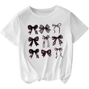 imageWomens Plus Size Bow Knot Print Tee Graphic Round Neck Short Sleeve T Shirt Oversize Casual TopsBowknot White