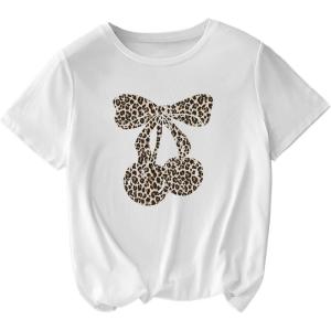 imageWomens Plus Size Bow Knot Print Tee Graphic Round Neck Short Sleeve T Shirt Oversize Casual TopsLeopard White
