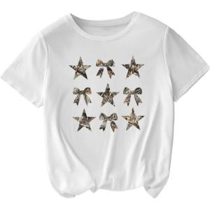 imageWomens Plus Size Bow Knot Print Tee Graphic Round Neck Short Sleeve T Shirt Oversize Casual TopsStar Bow White