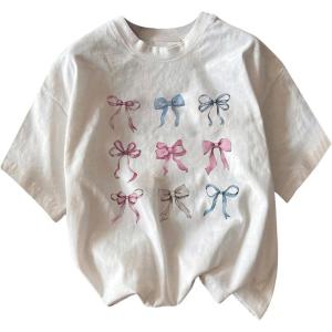 imageWomens Plus Size Bow Knot Print Tee Graphic Round Neck Short Sleeve T Shirt Oversize Casual TopsWhite