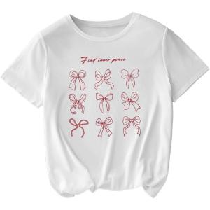 imageWomens Plus Size Bow Knot Print Tee Graphic Round Neck Short Sleeve T Shirt Oversize Casual TopsWhite Red Bow
