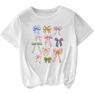 imageWomens Plus Size Bow Knot Print Tee Graphic Round Neck Short Sleeve T Shirt Oversize Casual TopsWhite With Bow