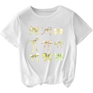 imageWomens Plus Size Bow Knot Print Tee Graphic Round Neck Short Sleeve T Shirt Oversize Casual TopsWhite Yellow