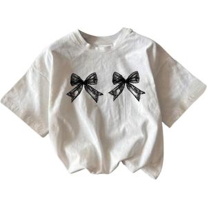 imageWomens Plus Size Bow Knot Print Tee Graphic Round Neck Short Sleeve T Shirt Oversize Casual TopsWhite and Black