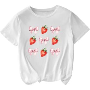imageWomens Plus Size Bow Knot Print Tee Graphic Round Neck Short Sleeve T Shirt Oversize Casual TopsWhite and Red
