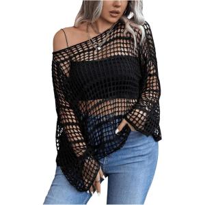 imageWomens Plus Size Off The Shoulder Tops Flounce Sleeve Hollow Out Crochet Lightweight Pullover TopsBlack