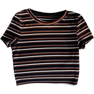 imageWomens Striped Colorblock T Shirt Short Sleeve Crew Neck Ribbed Knit Crop TopsBlack