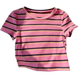 imageWomens Striped Colorblock T Shirt Short Sleeve Crew Neck Ribbed Knit Crop TopsHot Pink