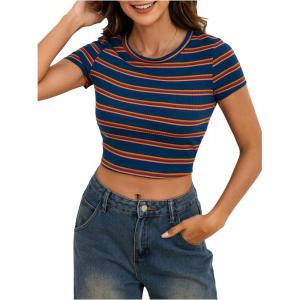 imageWomens Striped Colorblock T Shirt Short Sleeve Crew Neck Ribbed Knit Crop TopsMulticolor